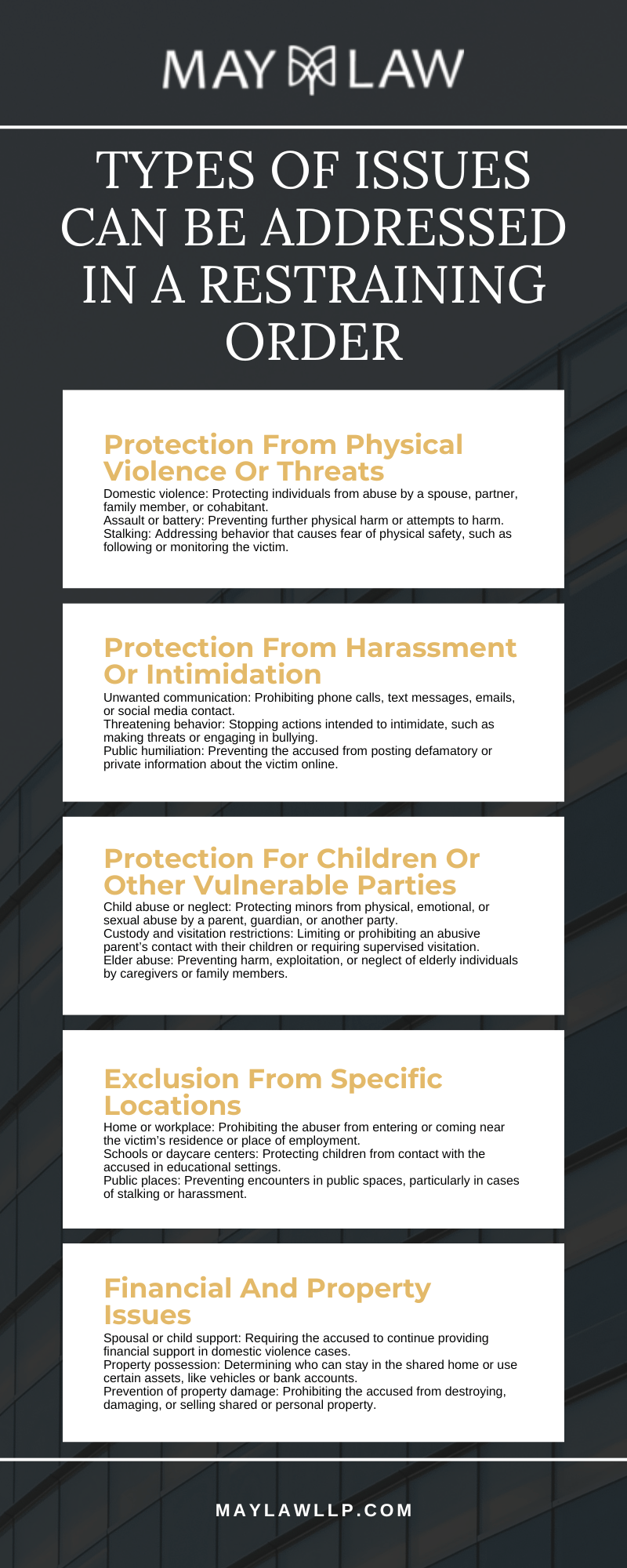 Types Of Issues Can Be Addressed In A Restraining Order infographic